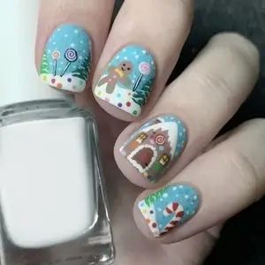 24 Piece Short Square Nail Set, Christmas Hat Gingerbread Man Snowflake Tree Cane Design, Perfect Fit Acrylic Press on Nails, Party Dance Daily Wear