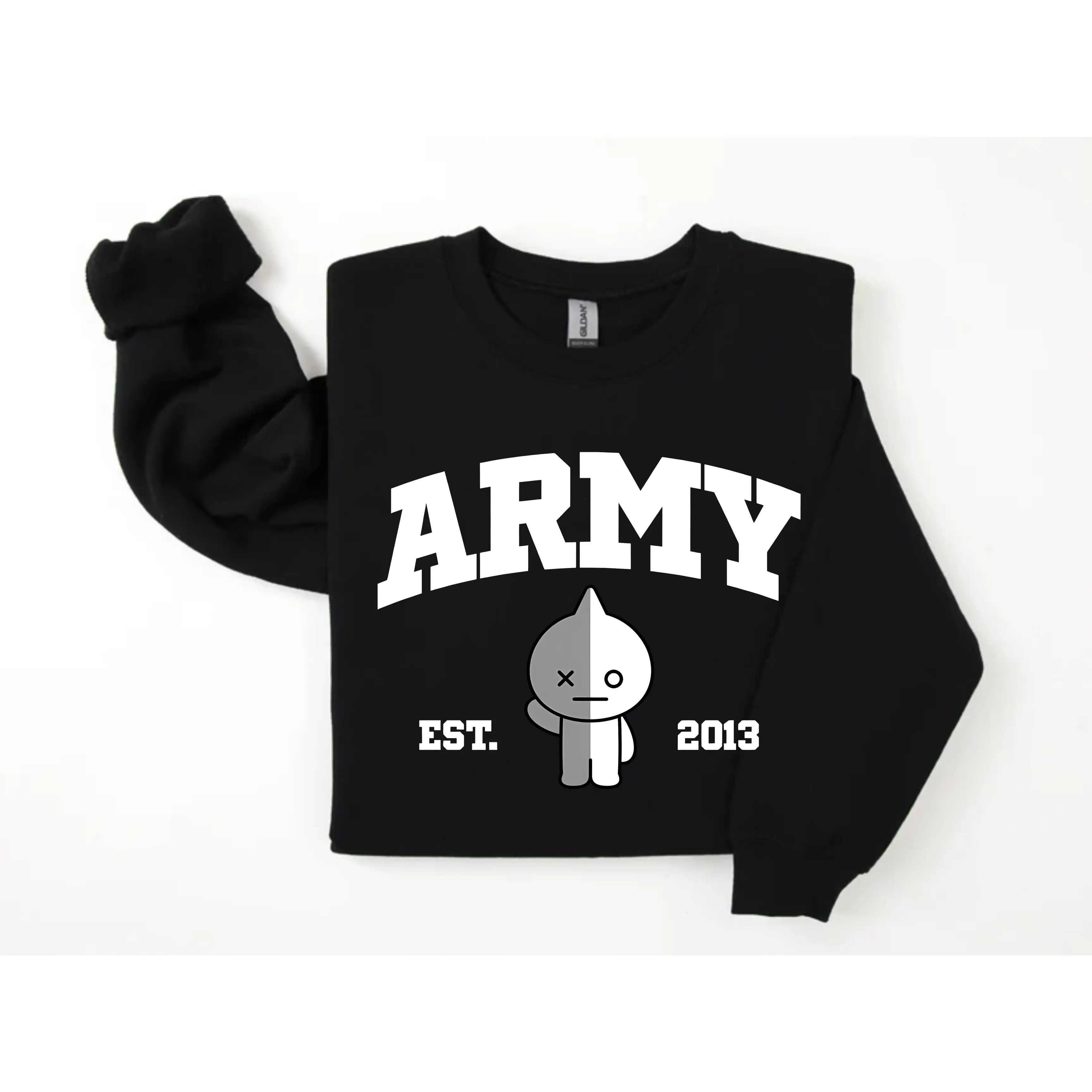 Women's Casual Cotton Pullover Army Est.2013 Crew Neck Long Sleeve Graphic Printed Sweatshirt Apparel - BT21 Chibi Style, Ribbed Edges, Soft Fabric, Easter Gift for KPOP Fans, 2026 Tour Ready