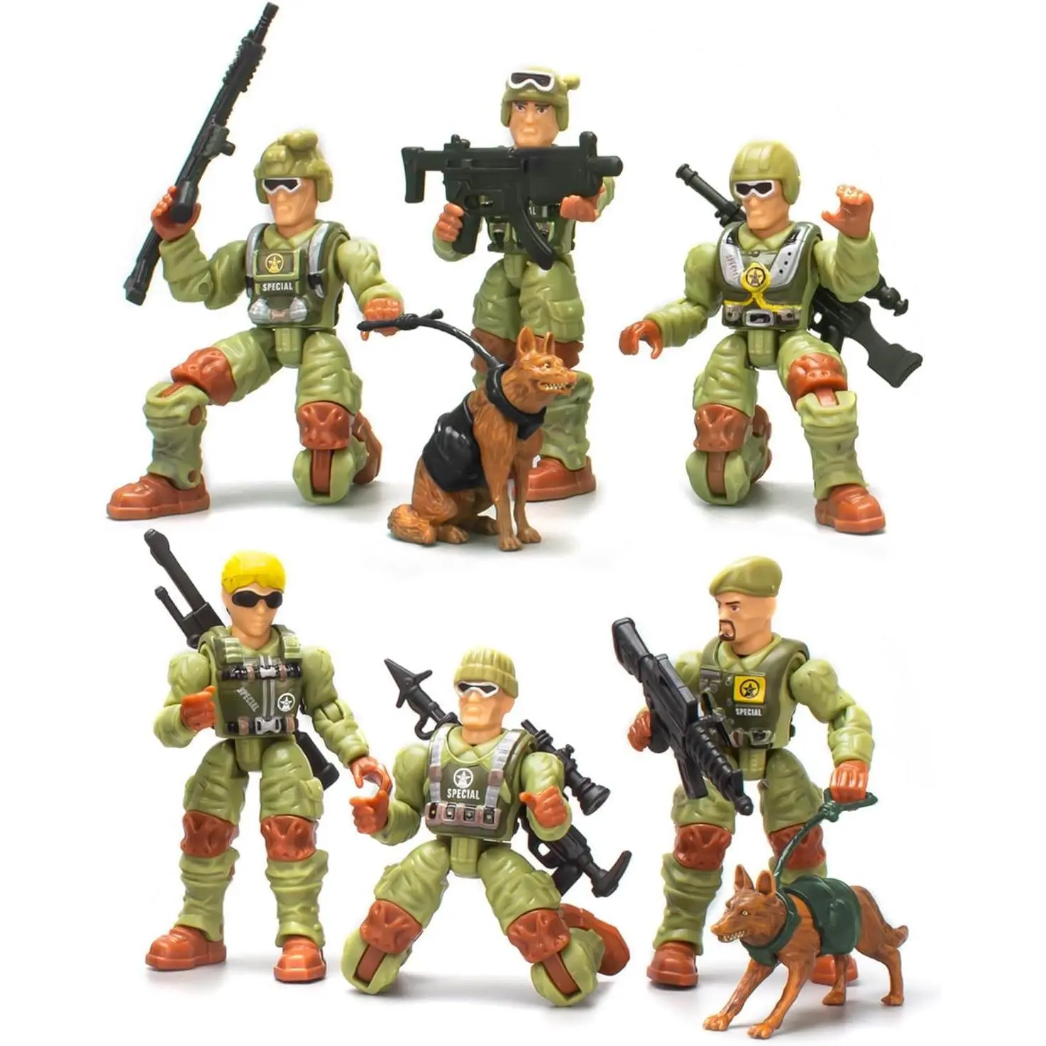P-MTS011    Army Men Action Figures,Toy Soldiers for Boys Age 4-7,Military Playset,6Pcs Army Toys with 2 Dog Figures and 6 Weapons,Army Toy Set Birthday Gift Christmas for Toddler 3+
