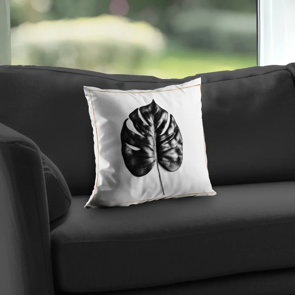Begin Home Decor C1PT14142GY8B8 Elegant Botanical Poly Twill 14x14 in. Split Leaf Philodendron Gold Lines Throw Pillow - Textiles & Soft Furnishings Accent