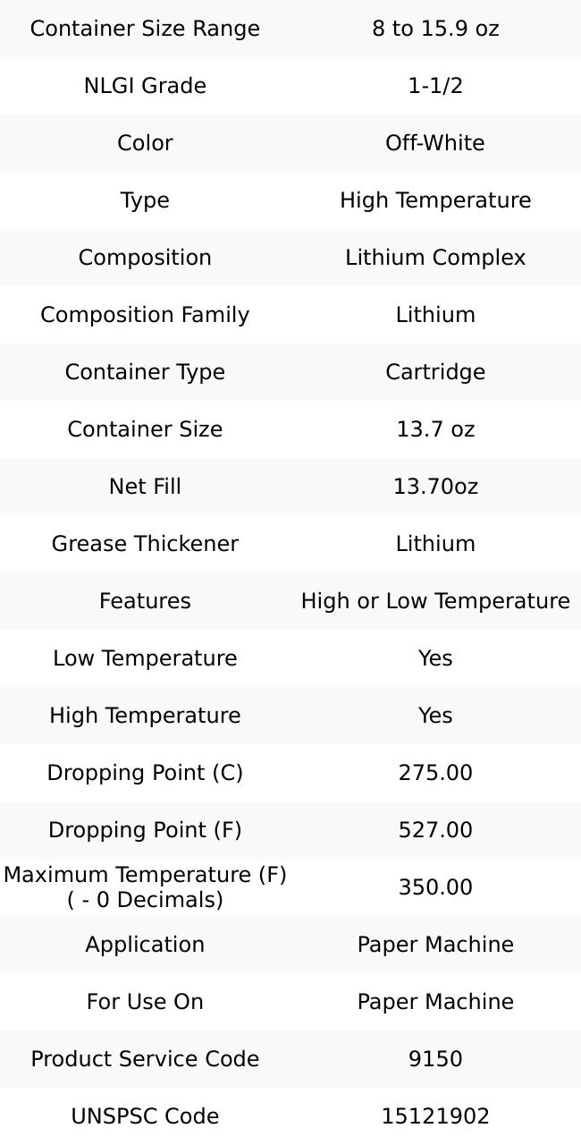 Mobil 13.7 oz Cartridge Lithium High Temperature Grease Off White, High/Low Temperature, 350°F Max Temp, NLGIG 1-1/2, 122129