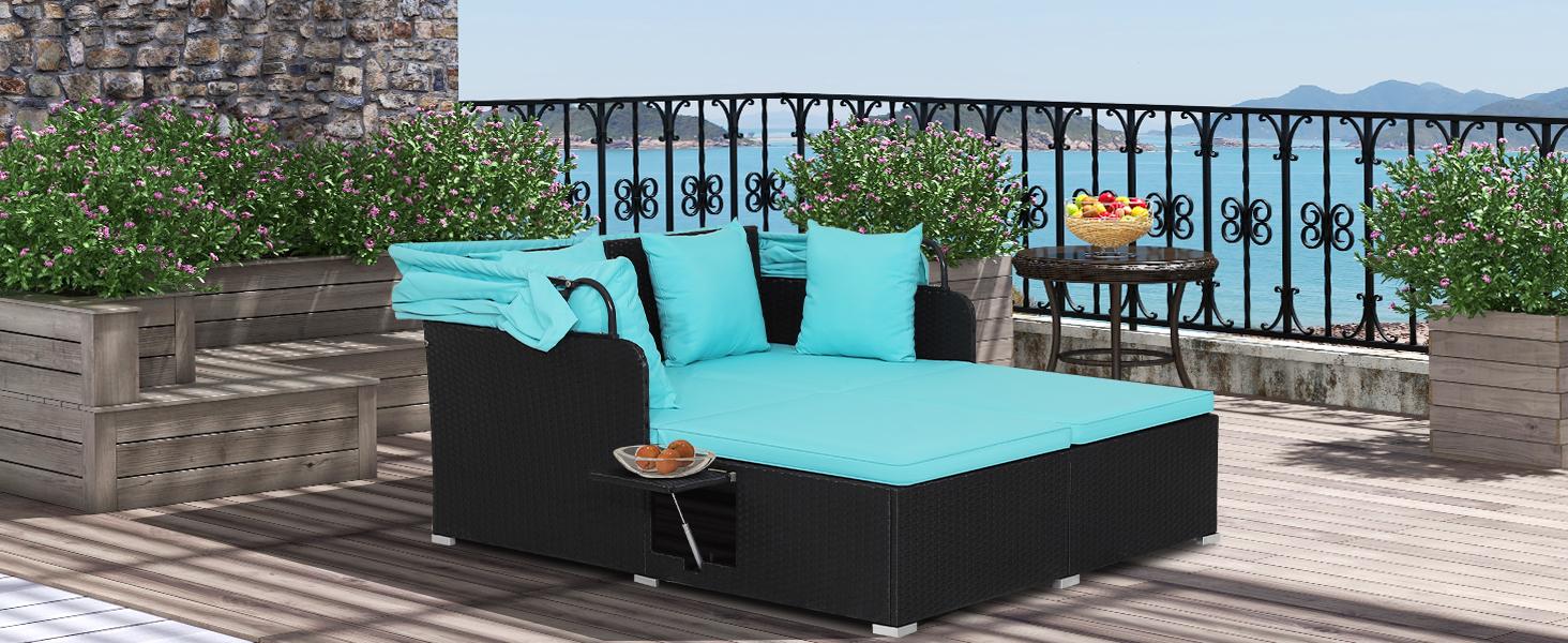 COSTWAY Outdoor Daybed, 2-Person Wicker Chaise Lounge with Retractable Canopy, Cushions & Pillows, 2 Side Trays, Patio Double Sofa PE Rattan Sunbed Lounger for Deck Poolside Garden Balcony