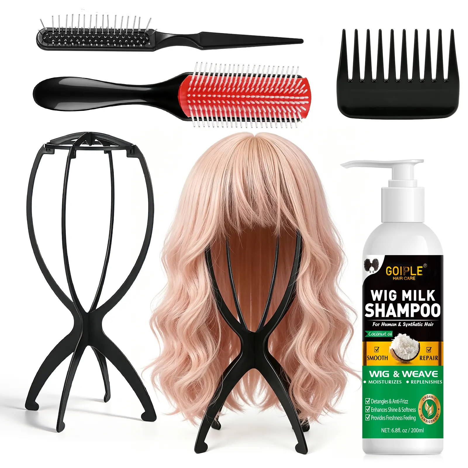 Wig Head Stand with Wig Brush Comb Set Travel Wigs Holder Comb Set for Women Human & Synthetic Hair | 2in 1 Wig Milk Shampoo Hydrates & Moisturizes, Promotes Silkiness & Shine Easy Combing