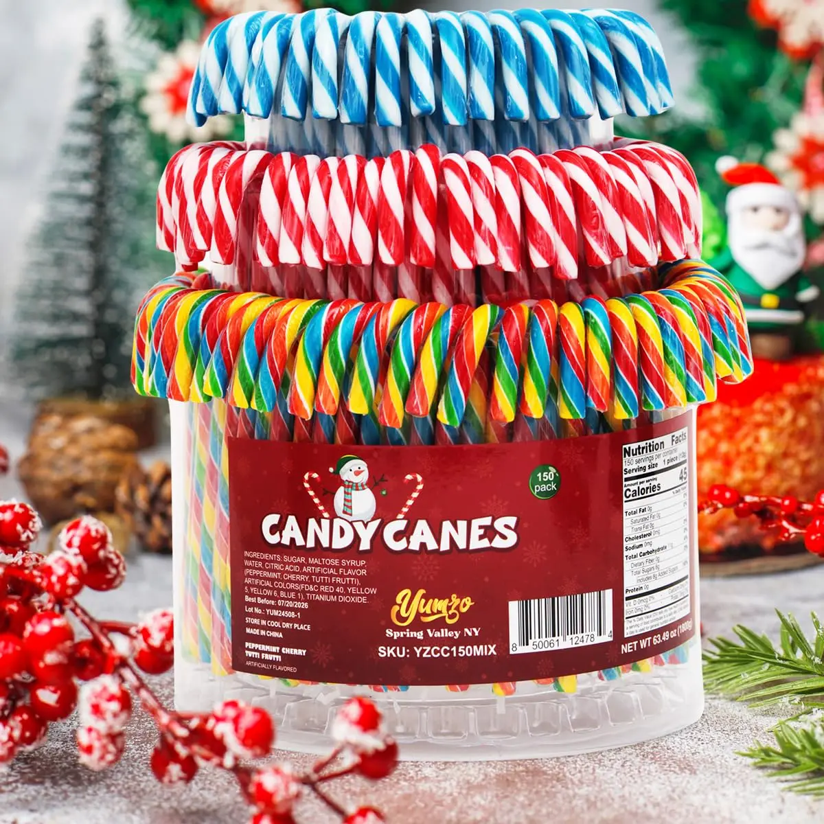Christmas Candy Canes Tutti Frutti, Blue/White Peppermint, Red and White Cherry Mix Flavors - Bulk Candy Canes Individually Wrapped for Family Holiday Indulgement, Candy Cane Gift Set