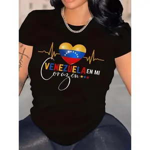 Venezuelan Heart Pattern Printed T Shirt with Round Neck Short Sleeves Casual Top for All Seasons Comfortable Wear