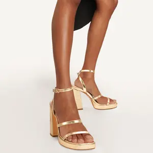 Platform Strappy Heel Sandals Square Open Toe Two Strap Chunky High Heeled Sandals with Buckle Ankle Strap Gold Color