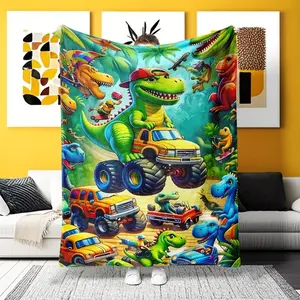 A Dino Monster Truck Adventure Flannel Blanket - Ultra-Soft Warm Throw, Ideal for Naps, Relaxation & Camping. Playful cartoon dinosaur & vehicle design, lightweight cozy for kids, all-season use Dinosaur Print Blanket