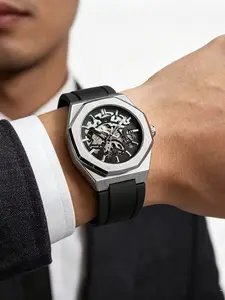 Men's Mechanical Watch, Hollow Out Transparent Automatic, Brushed Case, Waterproof Night Light, Silicone Strap, Business Casual, High-End Fashion