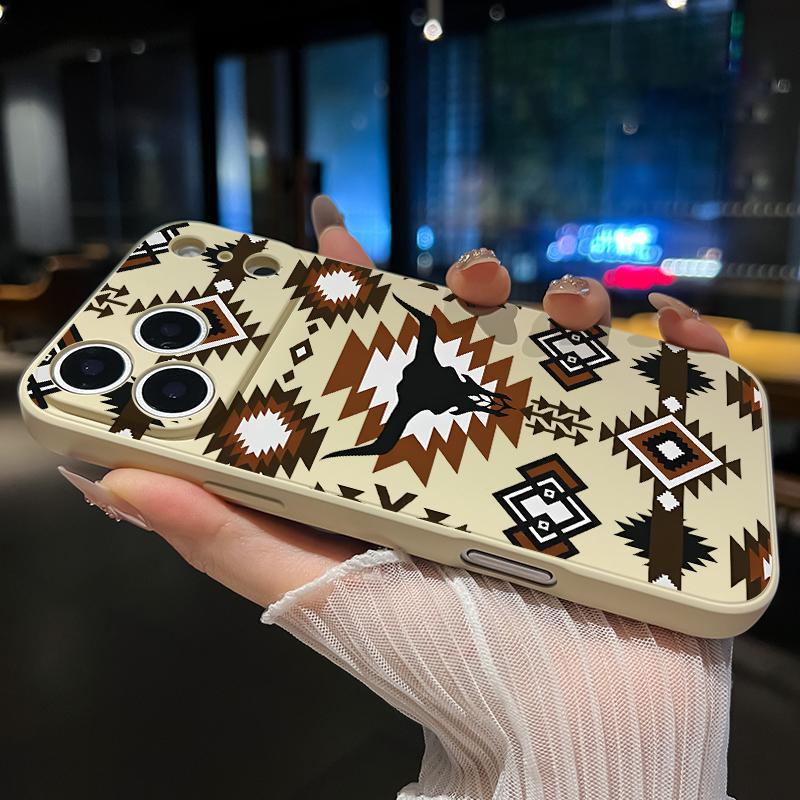 Retro Western Cowboy Pattern Straight Edge Phone Case for iPhone 17 15 16 14 Pro Max 13 12 11 XR XS Plus Air E Shockproof Full Camera Protection Durable Slim Liquid Silicone Cover Smartphone Casing.HM29