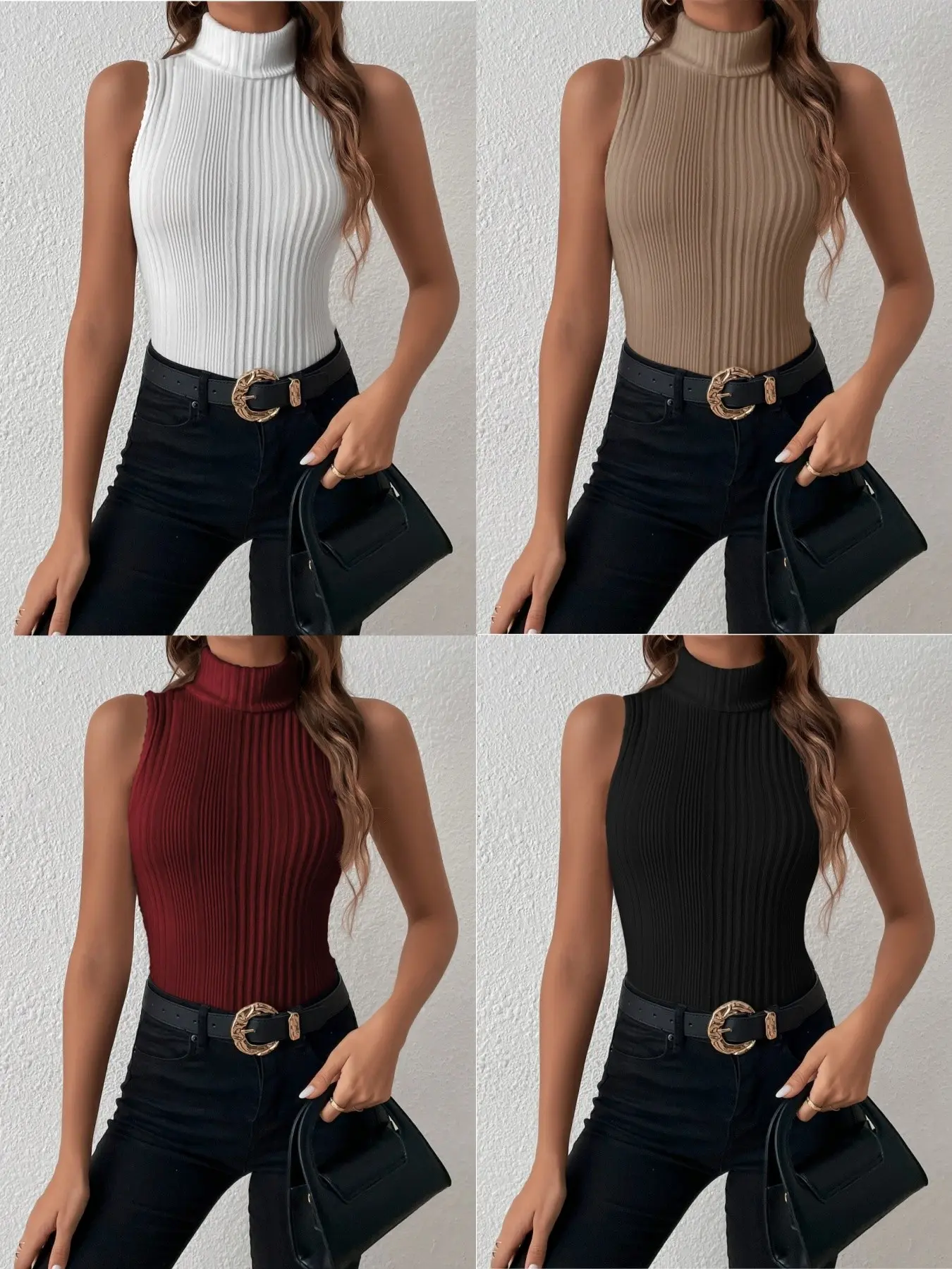 Elegant Chic Solid Color Ballet Tank Top Set, Women's Sleeveless High Neck Knit Blouse, Casual Fashion, Classy Tops, Basic, Perfect for Daily Wear
