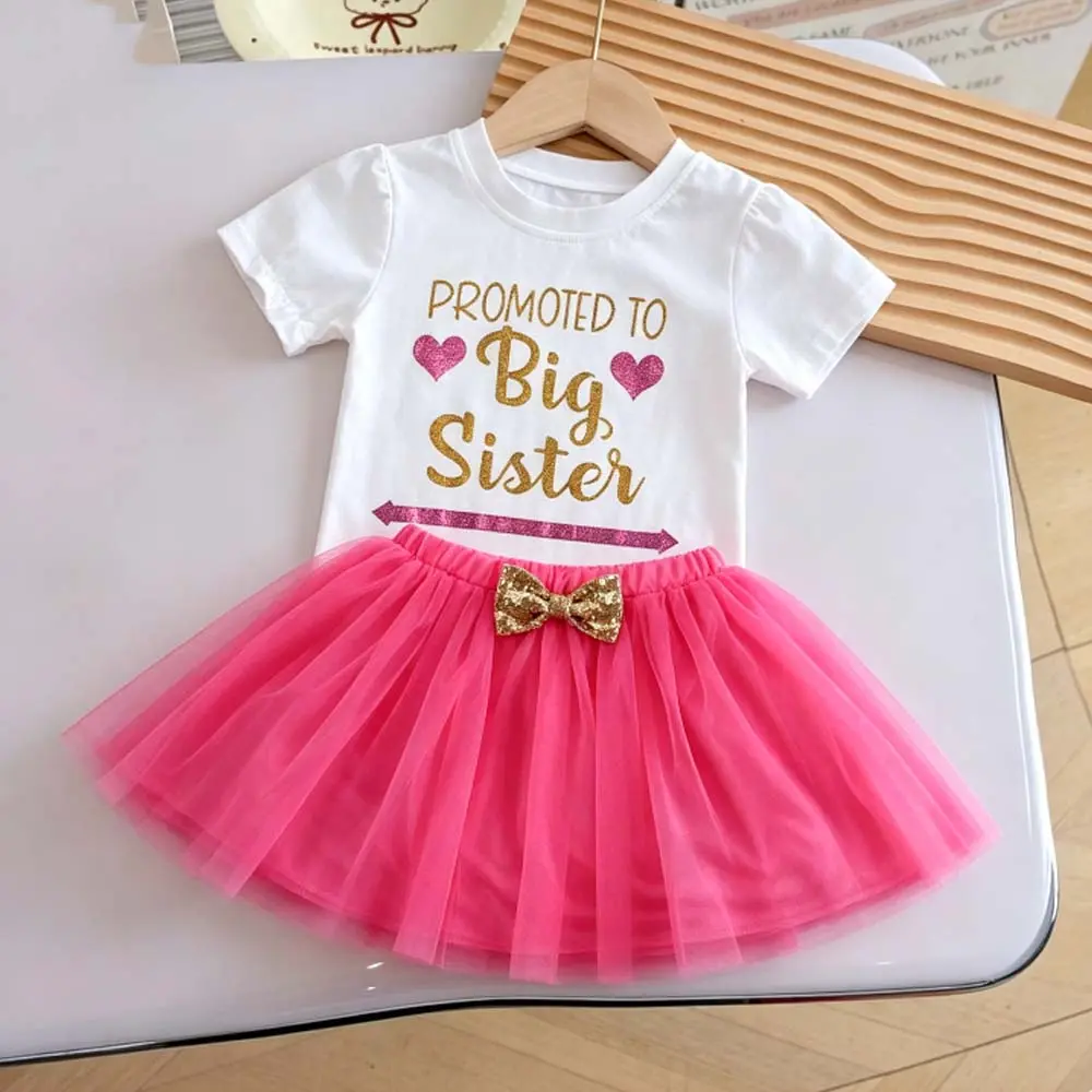 Girls' 2-Piece Cotton Blend Outfit - Short-Sleeve Letter Print Tee & Tulle Tutu Skirt with Bowknot, Toddler Girl Princess Clothes Set, Toddler Style, 1-2 Years