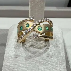 14K Gold Emerald and Diamond Triple Band Ring - Size 7.