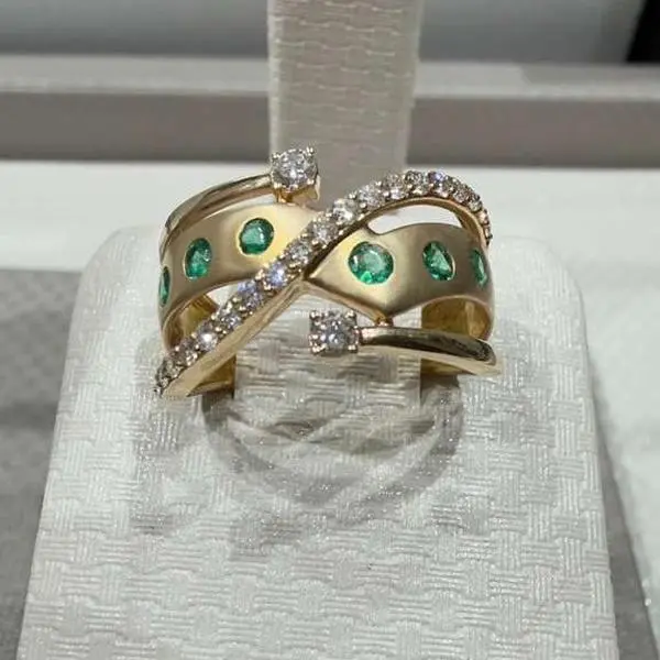 14K Gold Emerald and Diamond Triple Band Ring - Size 7.