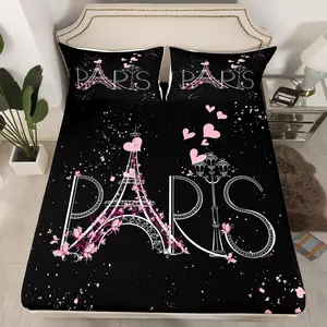 Eiffel Tower Fitted Sheet,Chic Paris Bedding Set,Romantic Theme Bed Sheet Set,Black Pink Bedroom Decor Modern French Bed Cover with 2 Pillow Case