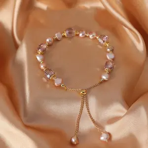 Elegant Pink Imitation Pearl Bracelets Exquisite Purple Crystal Beaded Adjustable Bracelets Bangle Female Wristband Accessories