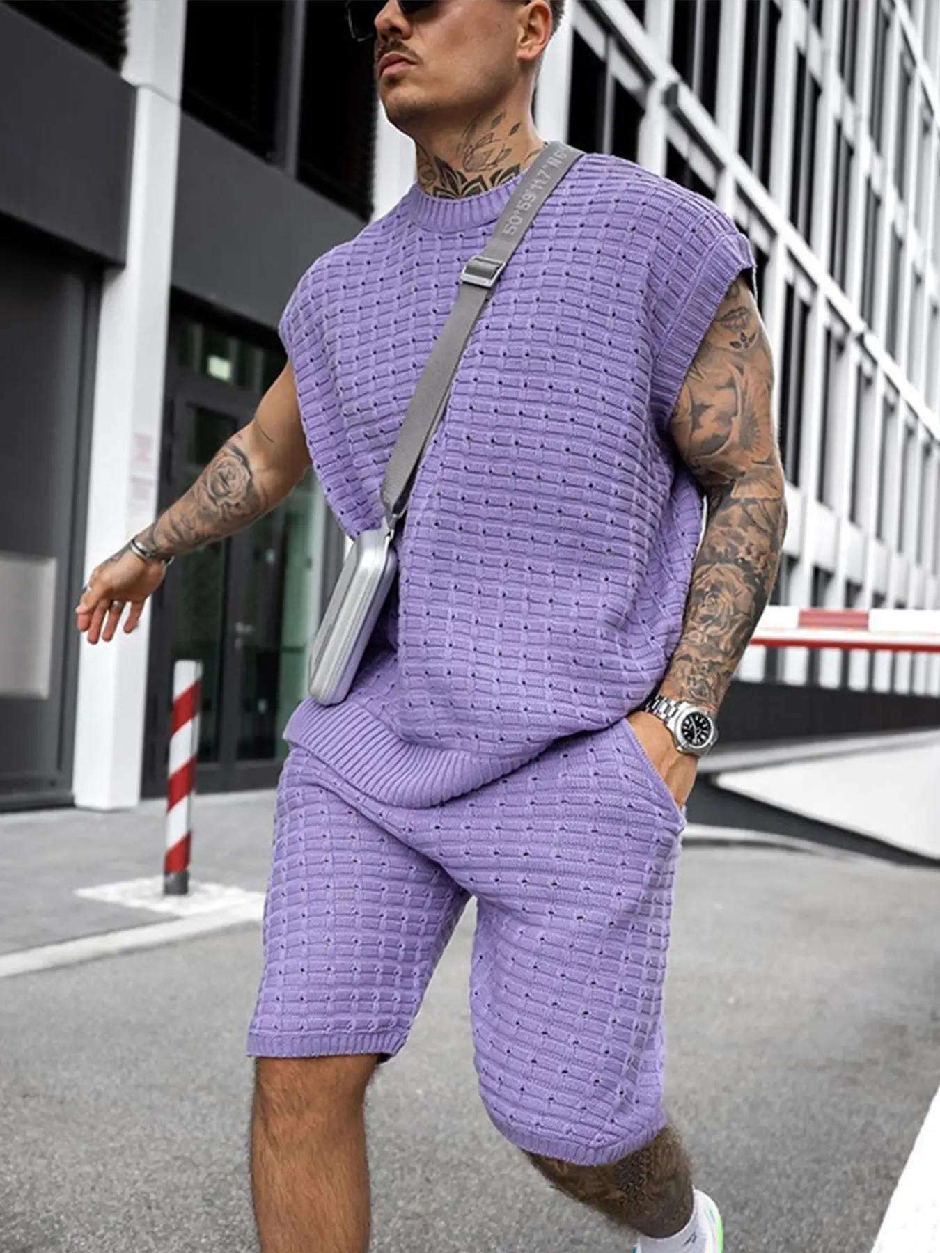 Men's Summer Short Sleeve Knit Set, Textured Fabric, Pullover Sweater & Elastic Waist Shorts, Casual Style, Fitted Fit