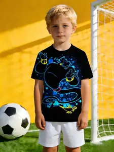 New boys' round neck short sleeve T-shirt, cartoon graffiti street sports pattern print Genie With Starry Background And Magic Lamp Comfortable clothing suitable for daily wear for both boys and girls