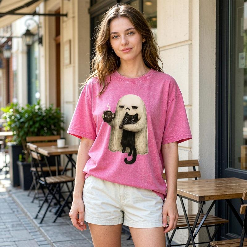 Women's Classic Cotton Oversized T-Shirt - Cute Ghost Black Cat Print, Meh Coffee Vintage Acid Wash, Halloween Graphic, Short Sleeve Crew Neck, Casual Breathable Tops for Women