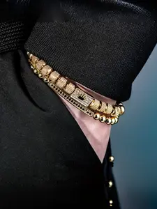 2pcs Men'S Charm Bracelet Set, 6MM Textured Beads with Square Crown Inlay, Synthetic Zirconia,Casual Style, Golden, Perfect for Christmas, Thanksgiving, Valentine'S Day Gifts
