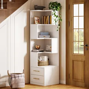 LITTLE TREE 5-Tier Corner Bookshelf with 2 Drawers, 66.9-Inch Tall Corner Bookcase Shelf, Modern Simple Corner Storage Cabinet Display Rack Shelf for Living Room, Home Office
