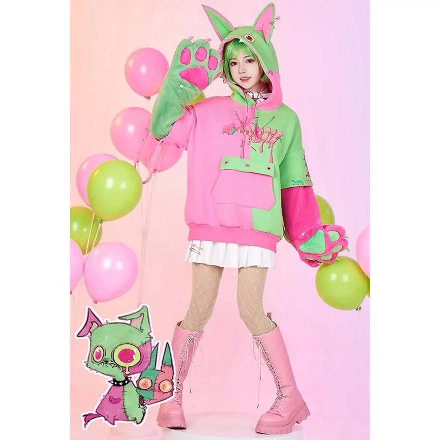 Zombie Puppy-Kitten Pink Green Pullover Hoodie with Detachable Furry Cat Paw Gloves
