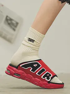 Men's White-Black Letter Air Cushion Slides, Cool Casual Style, Leather Paneling + Air Cushion Sole, Eye-Catching Style, Light & Bouncy Fit , Ideal for Daily Home & Light Outdoor Outings