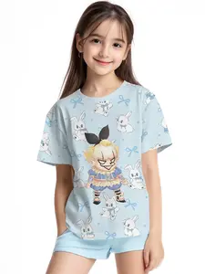 Rabbit Bottom Q-version Pennywise Clown Digital Print Summer Fashion Girls' Clothing, 100% Polyester Designed for Energetic Children, Cute Girls' Short-sleeve T-shirts, Summer Casual Children's Clothing, Outdoor Sports T-shirts