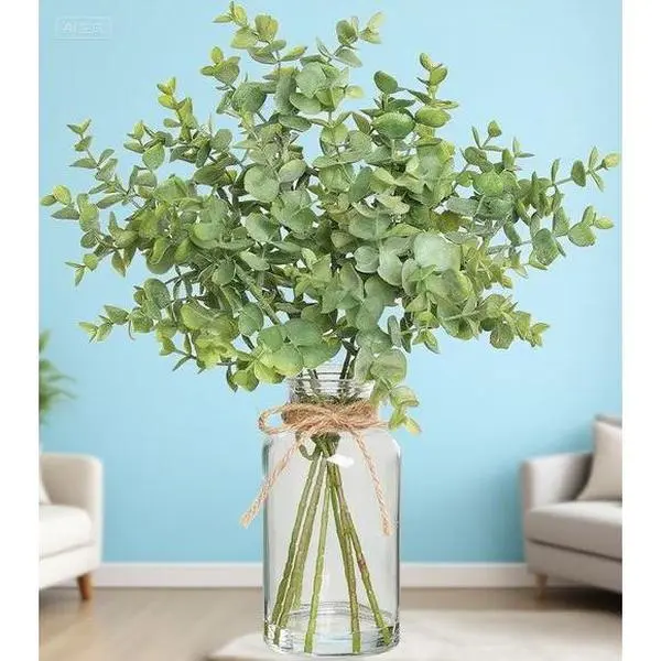 14" Artificial Eucalyptus Stems in Glass Vase with Faux Water, Sage Green Faux Plants for Home Decor, Farmhouse Shelf Desk Bathroom Coffee Table, Realistic Fake Greenery, Reusable Decorative Stems Fruit Ornaments custom  wedding  keepsake art decor