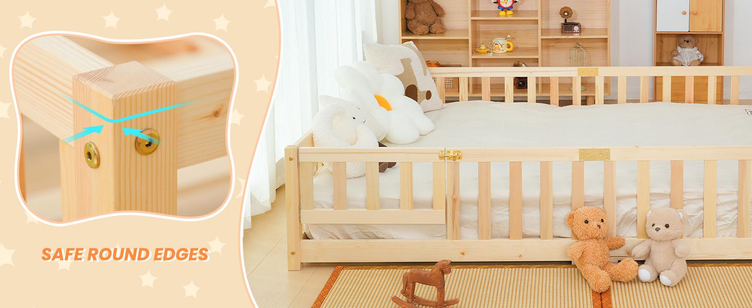 Naudacaa Twin/Full Size Montessori Floor Bed for Kids, Solid Wood Bed Frame with Fence, Door & Safety Guardrails, CPC Certified