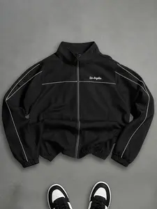 Men's Black High Street Tech Jacket Techwear Style Minimalist Black and White Contrast White Piping Detail Two Hand Pockets Loose Fit Clean-cut Boys Camping Outdoors Commuting Dating
