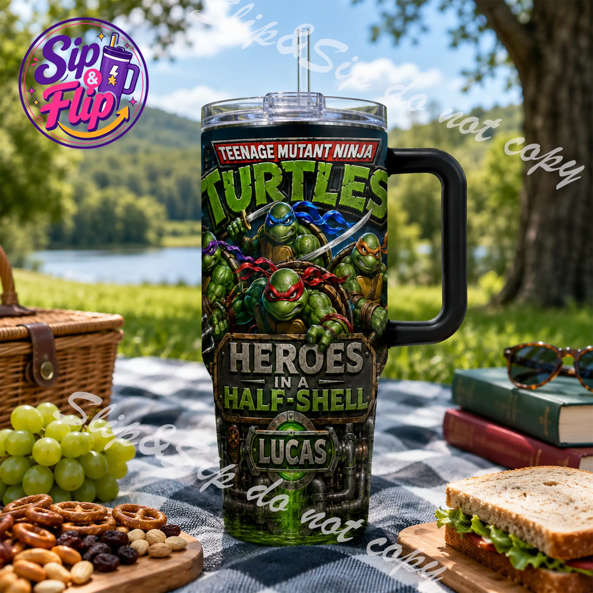 Teenage Mutant Ninja Turtles 40oz Stainless Steel Tumbler with Handle and Straw, Leonardo Raphael Donatello Michelangelo Retro Cartoon Cup, Pizza Loving Sewer Squad Insulated Travel Mug, Back to School Gift for TMNT Fans