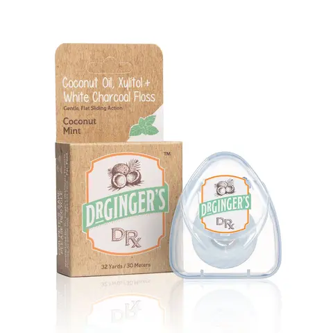 Dr. Ginger's Precision Whitening Flat Floss | No Snag or Fray Flat Ribbon Dental Floss, Infused with Activated White Coconut Charcoal for Whitening, Safe for Veneers, Crowns, & Dental Work, Tigh Teeth and Gentle on Gums