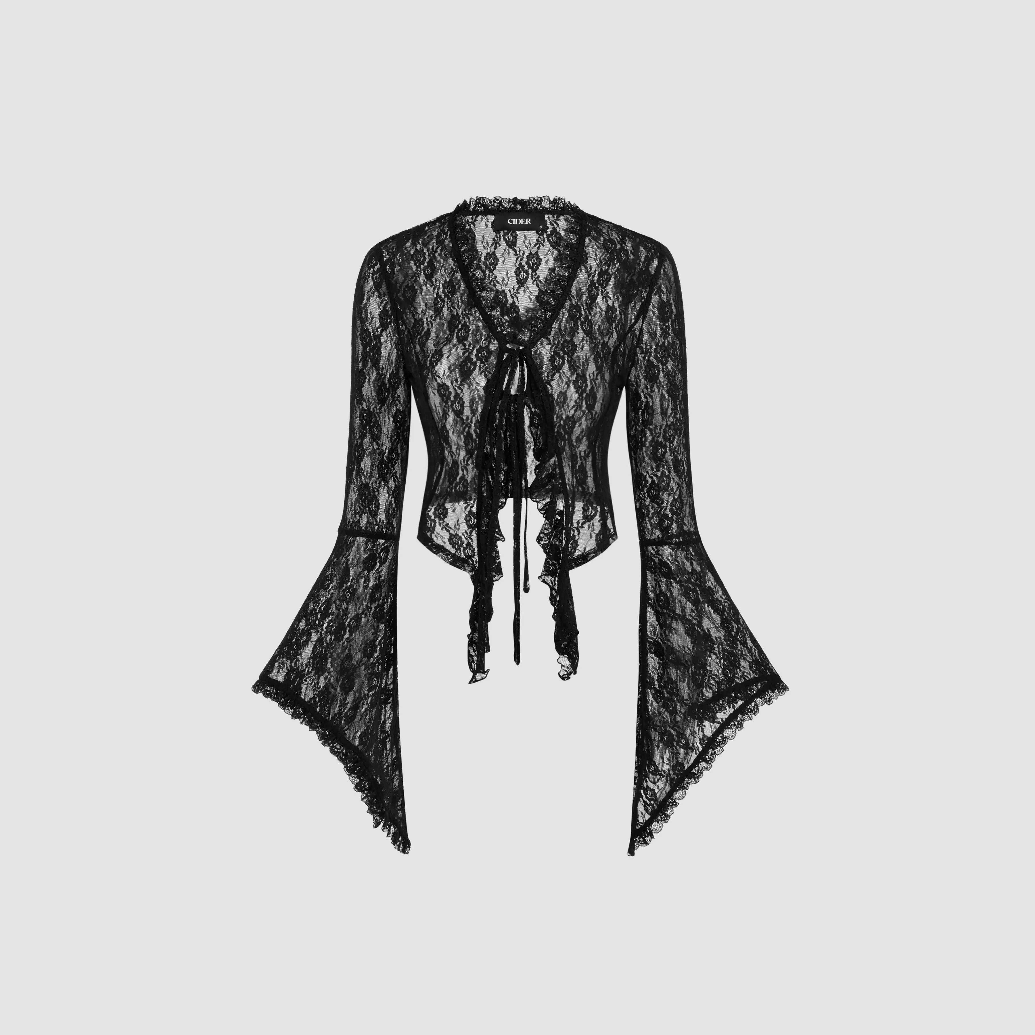 Cider [size 2-10] Lace V-neck Solid See-through Long Sleeve Top SohoChic