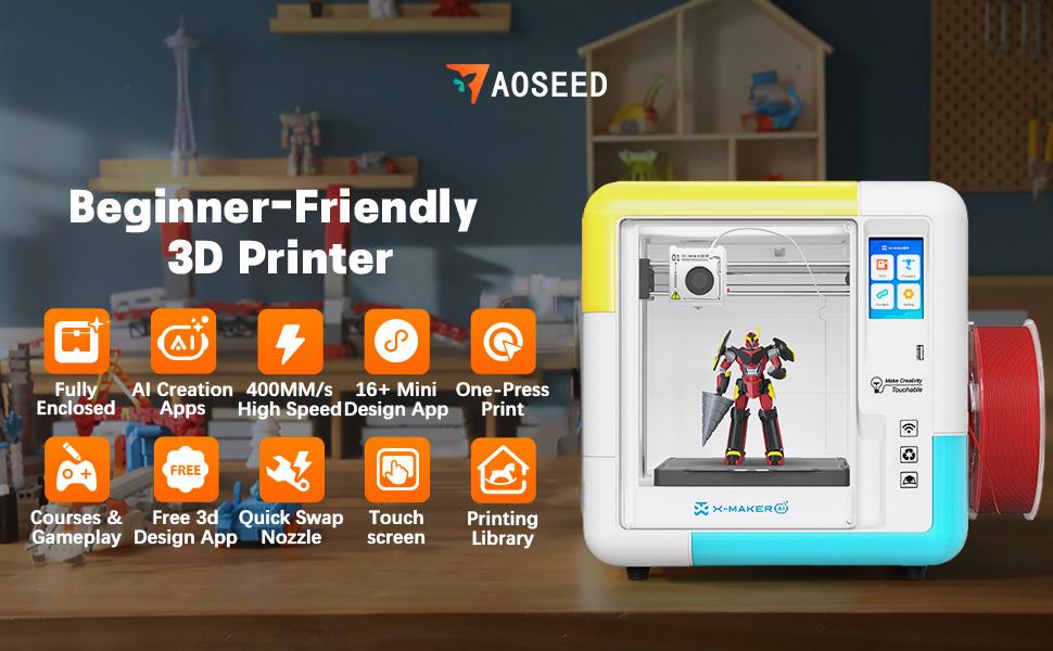 AOSEED 3D Printer for Kids & Beginners, AI-Powered Fully Assembled 3D Printer with Up to 400mm/s Speed, Auto Leveling, 15 Mini Apps, Includes 1 PLA Filaments for Home and School Use, X-Maker AI+