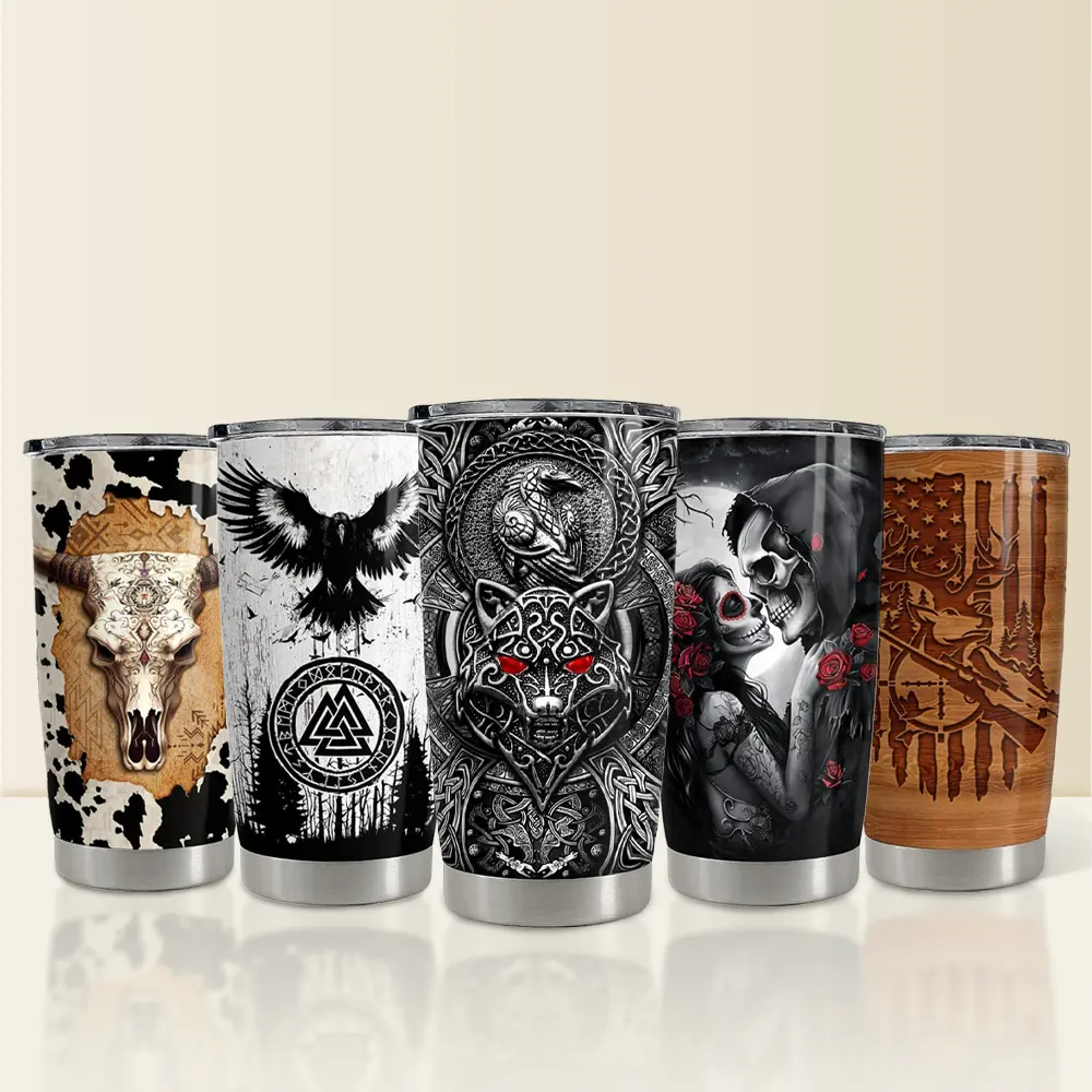 20oz Stainless Steel Insulated Vacuum Flask - Viking Wolf, Raven, Sugar Skull, Western Bull, Hunting Deer Design - Halloween Coffee Beverage Travel Cup - Funny Sassy Outdoor Gift for Men Women, Portable, Lid