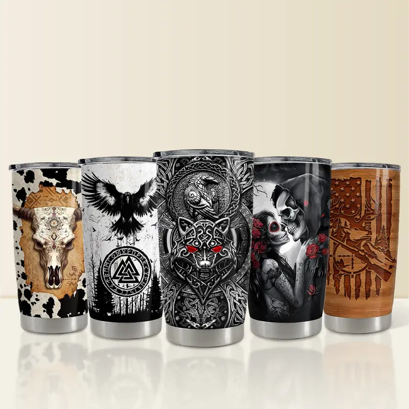 Sandjest 20oz Insulated Stainless Steel Travel Tumbler with Lid, Portable Coffee Cup, Viking Husband Couple Men Gift Father's Day Halloween Christmas