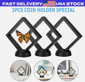 3 Pack Black 3D Floating Coin Display Frame Holder Box Case Black&Stand Φ2.2In