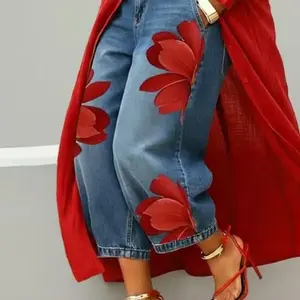 Women's High Waist Floral Print Wide Leg JeansTrousers, Casual Loose Cropped 9/10 Length Denim Pants with Red Flower Pattern