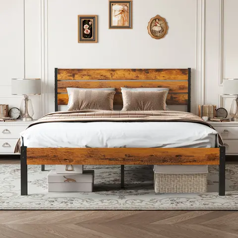 Sweetcrispy Modern Glam Metal Platform Bed Frame with Headboard & Footboard, Durable Twin/Full/Queen Size Options, 800 lbs Load-Bearing Wooden Slats Support, No Box Spring Needed