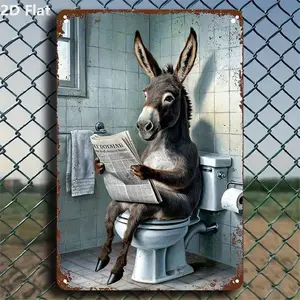 2D Flat, 1pc Funny Donkey on Toilet Reading Newspaper Metal Sign - Heavy-Duty Iron 8x12 Inch Farmhouse Bathroom Decor, Indoor/Outdoor Humorous Donkey Poop Joke Plaque for Cave,, or Toilet Wall Art (Donkey on Loo), Rustic Farmhouse Design, 2D Flat