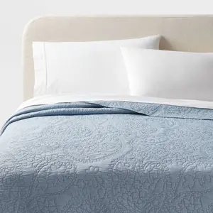Twin/Twin Extra Long Garment Washed Paisley Stitch Quilt Sky Blue - Threshold: OEKO-TEX Certified Microfiber Coverlet