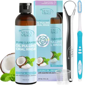 Venus Visage Coconut Oil Pulling for Teeth with Tongue Scraper, 8 fl oz - Peppermint & Coconut Pulling Oil for Teeth and Gums - Alcohol-Free Oil Pulling Oral Rinse