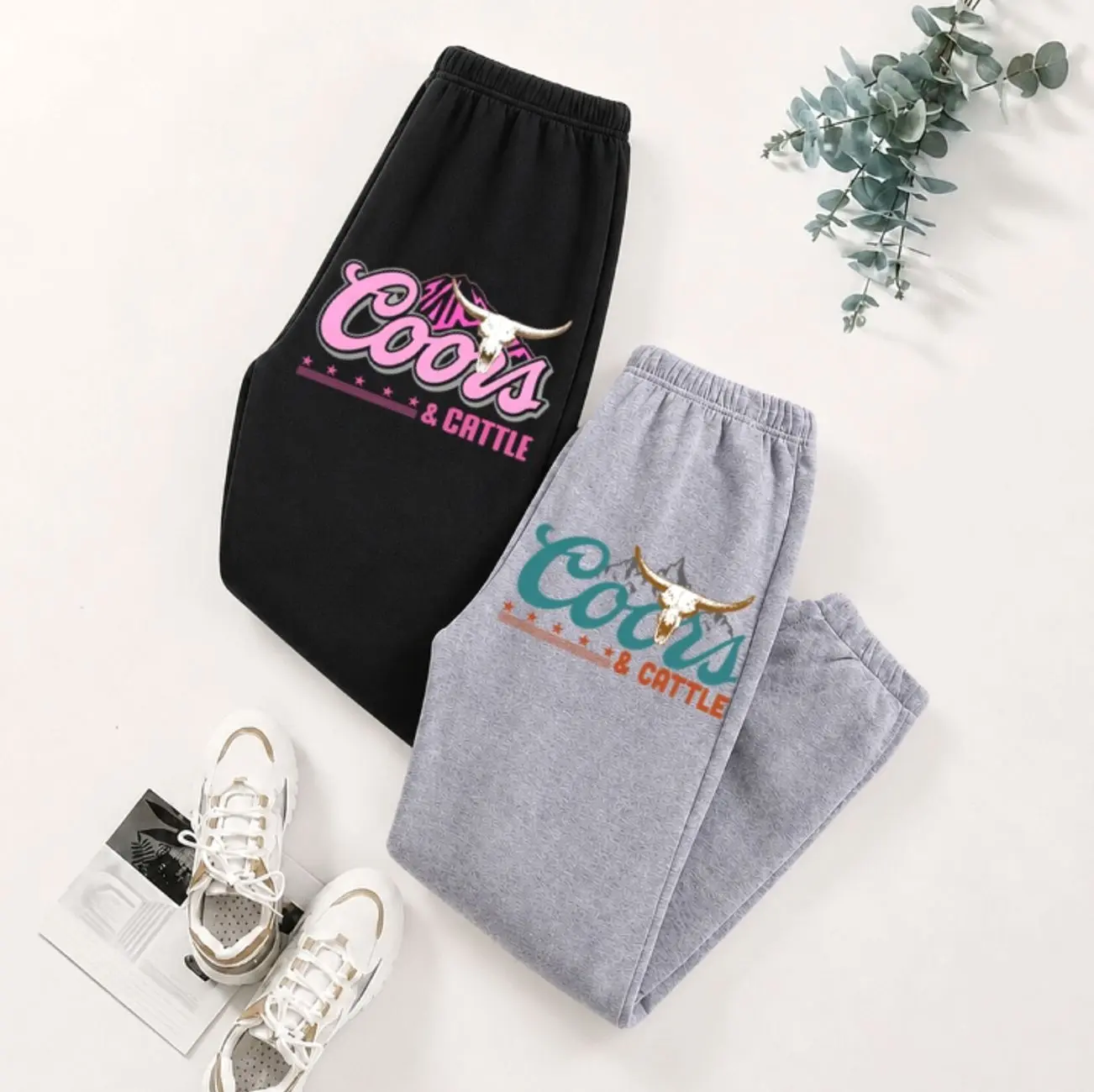 Y2K Pink Coors & Cattle Graphic Baggy Sweatpants Western Joggers Unisex Country Streetwear Pants for Men Women