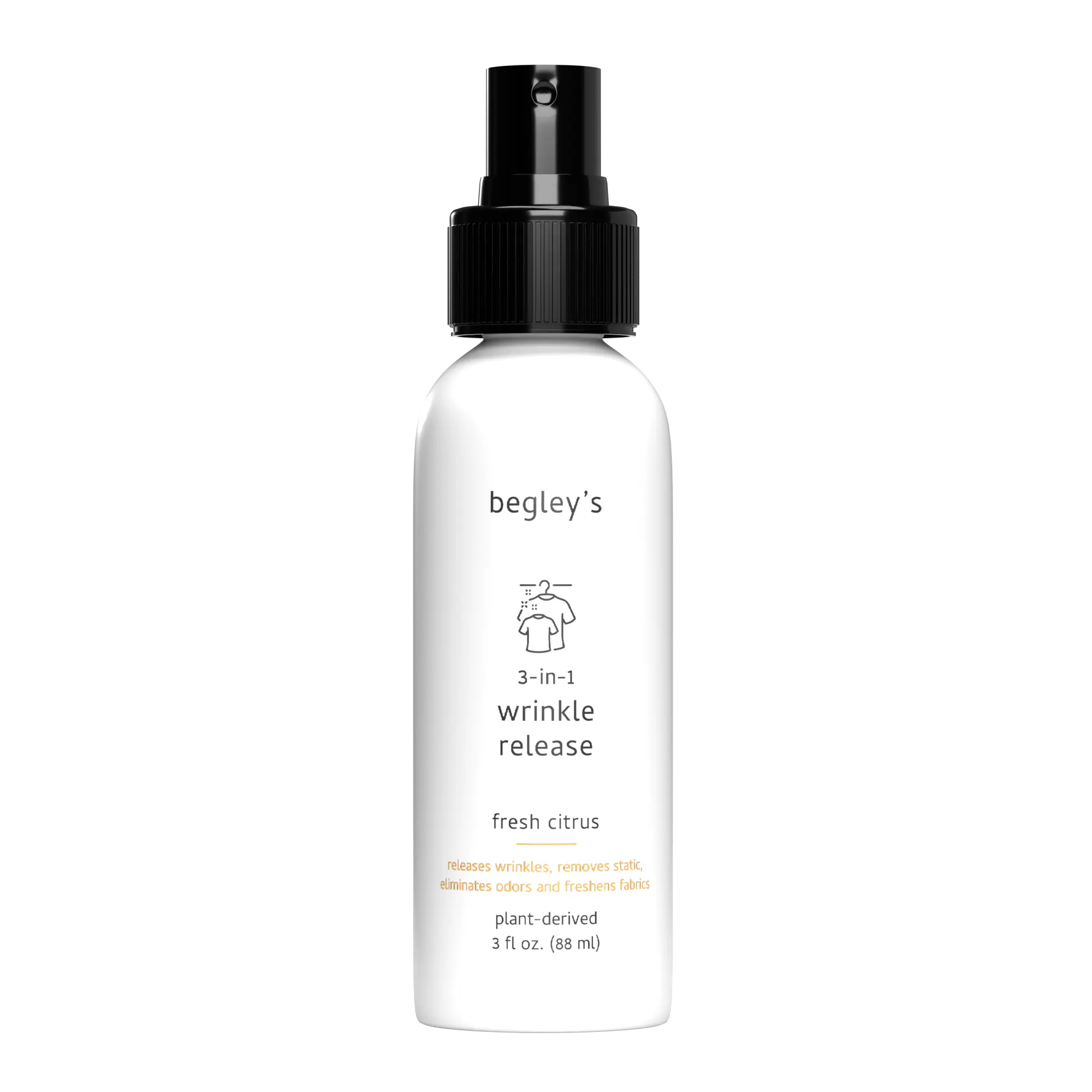 Begley's 3-in-1 Wrinkle Remover, Quick Fix Wrinkle Release, Static Cling Remover, Odor Eliminator and Fabric Refresher Spray - USDA Certified Biobased - Citrus