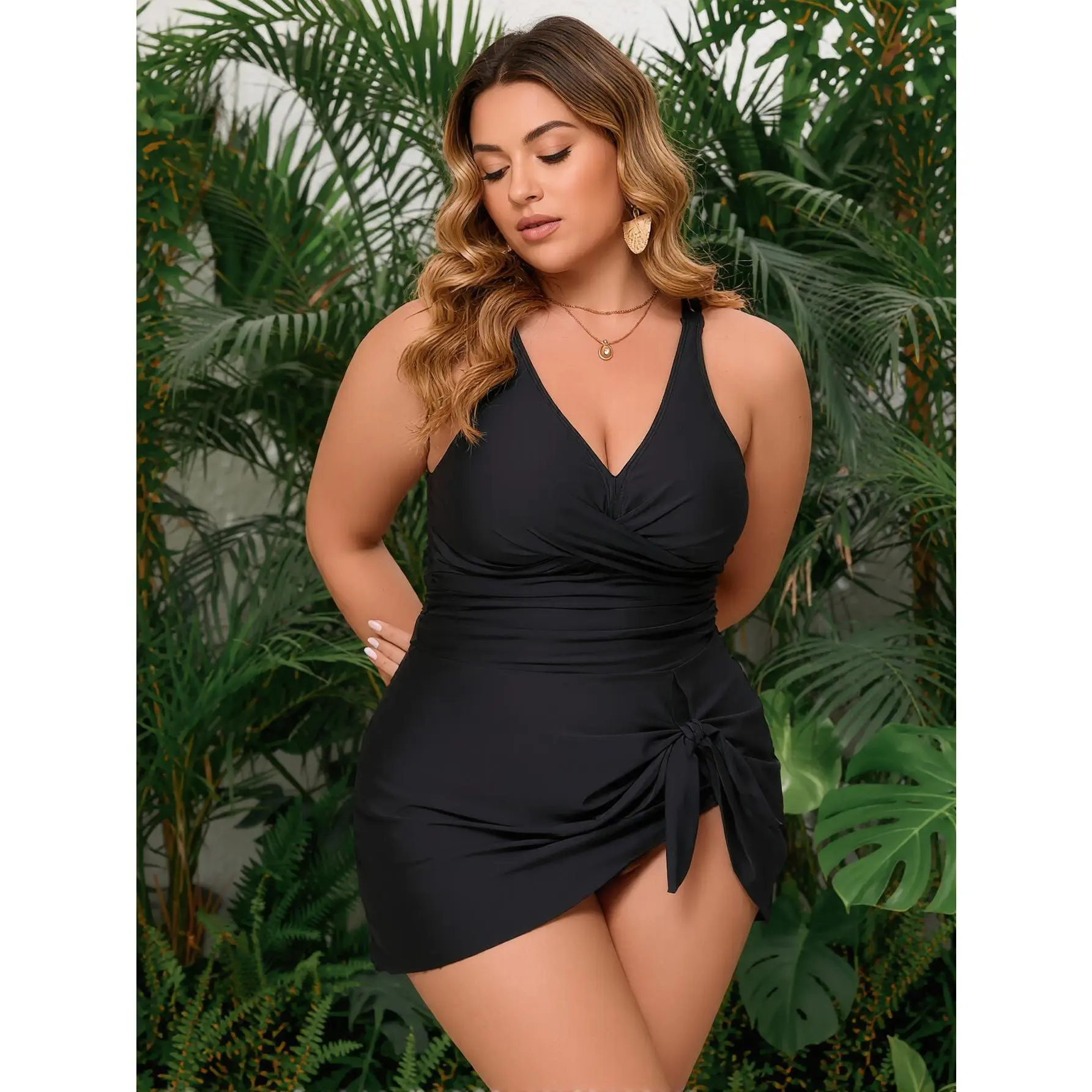 Black Plus Size Swimdress V Neck Ruched Waist Side Tie High Cut Swimwear Bathing Suit - TikTok Shop Black Plus Size Swimdress V Neck Ruched Waist Side Tie High Cut Swimwear Bathing Suit - TikTok Shop