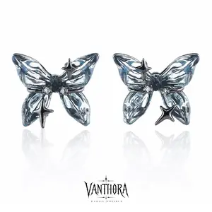 [VA RA] Ice Blue Butterfly Stud Earrings for Women Men, Cool Y2K Fairycore Earrings, 925 Silver Post Unisex Jewelry