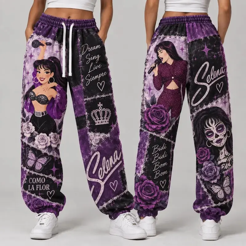 Selena Inspired Faux Patchwork Sweatpants, Purple Printed Patchwork Joggers