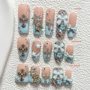 Live | CuraTique | Blue Blush | 10PCS Handmade Press On Nails REUSABLE 3D Gel Spring 2026 / Light Luxury、Lovely、Gorgeous
