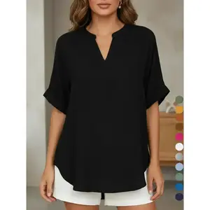 Women's Plain Short Sleeve Blouse, Shirts, Casual Solid Color Top for Daily Wear, Ladies Clothes for All Seasons