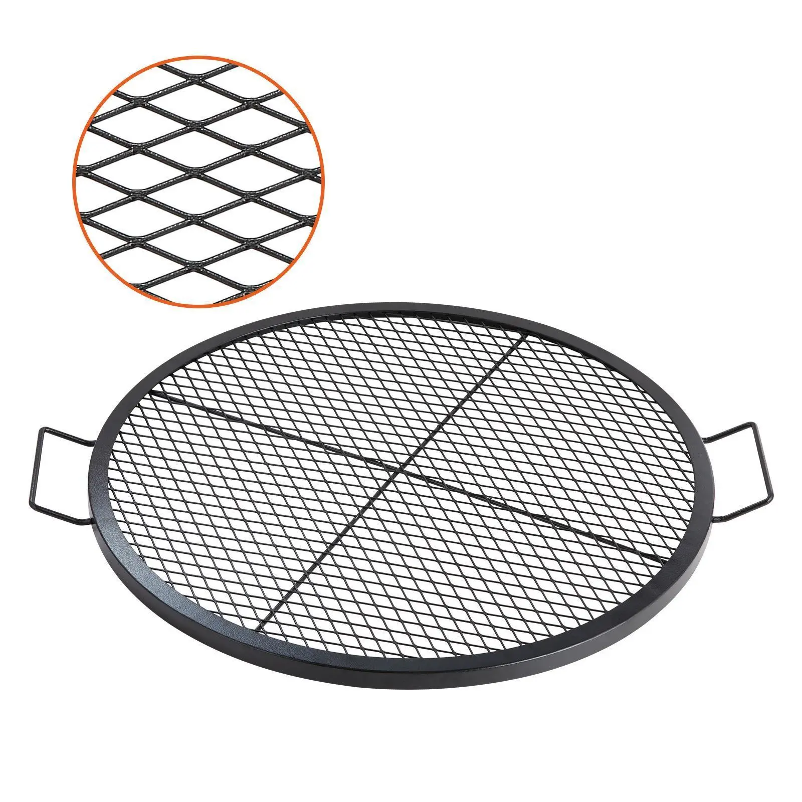 VEVOR 30x30 in Heavy-Duty Steel Round Barbecue Grill Grate, 25 lbs Open Flame Grill with X-Marks Support, Easy-Transport Handle, Diamond Mesh, Heat Resistance, 44 lbs/20 kg Capacity for Camping, Outdoors